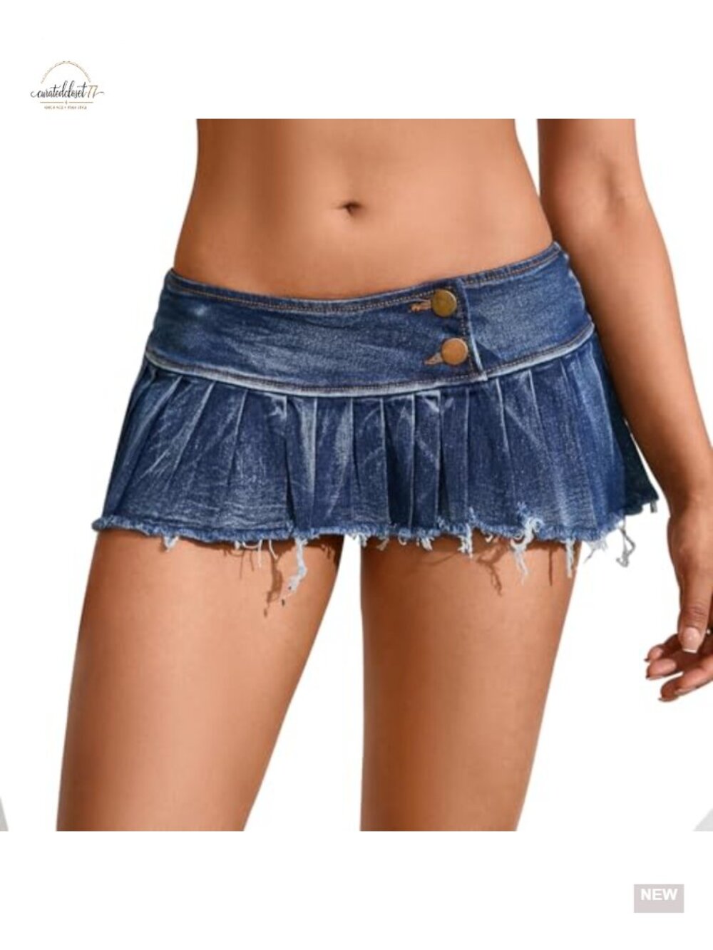 Low Rise Pleated Denim Mini Skirt A-Line Raw Hem Casual Summer